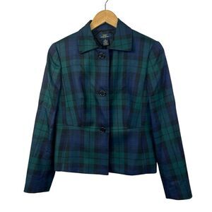 Lands End Blackwatch Plaid Blazer Jacket Size 6 Blue Green Plaid Button